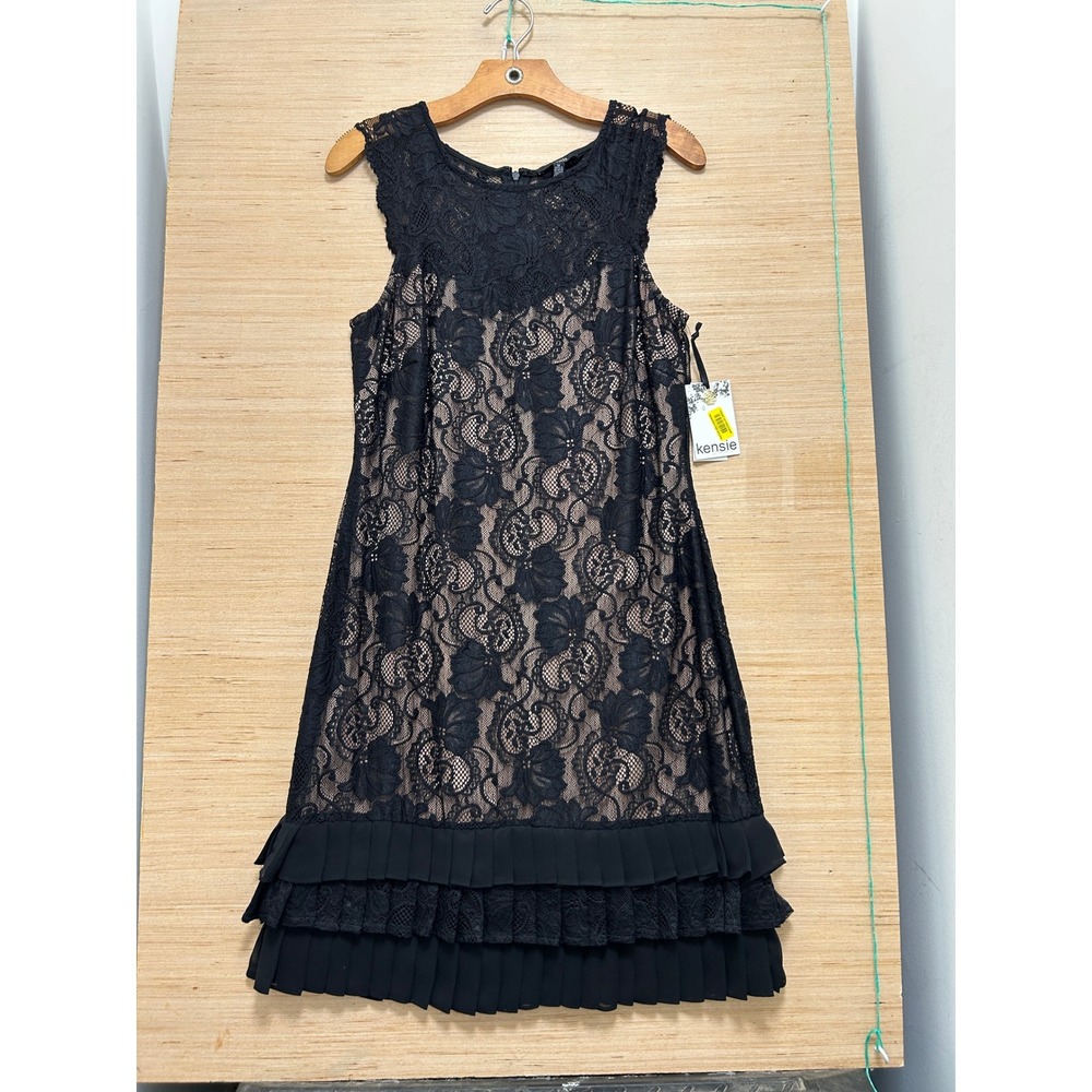 Kensie Black Floral Lace Ruffle Hem Sleeveless‎ Cocktail Dress 12 KDKP0211 NEW